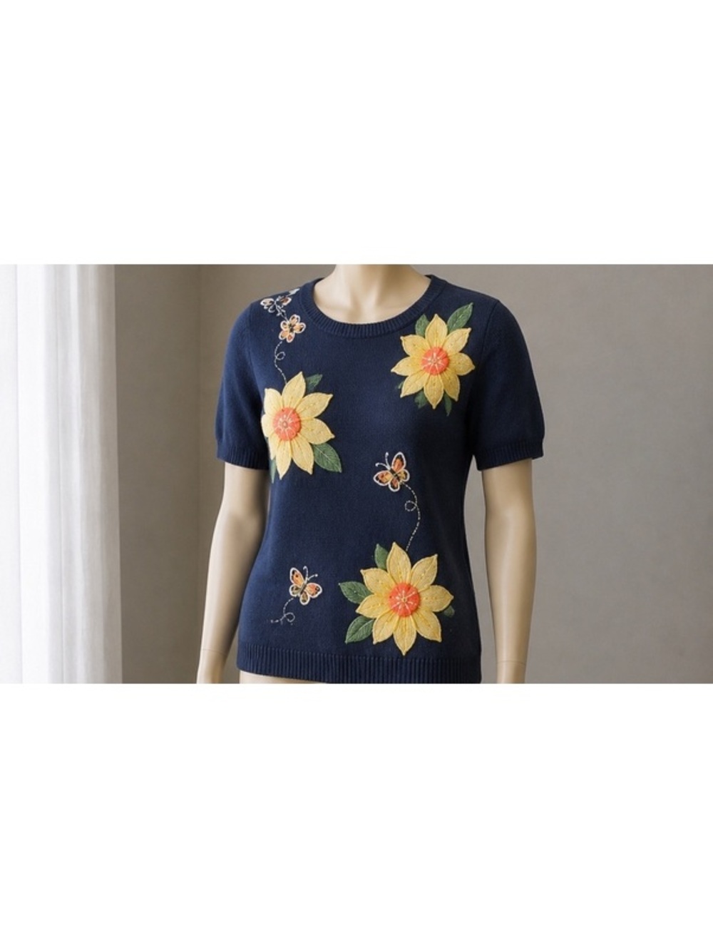 Alfred Dunner Small Vintage Floral Embroidered Short Sleeve Grandma Sweater